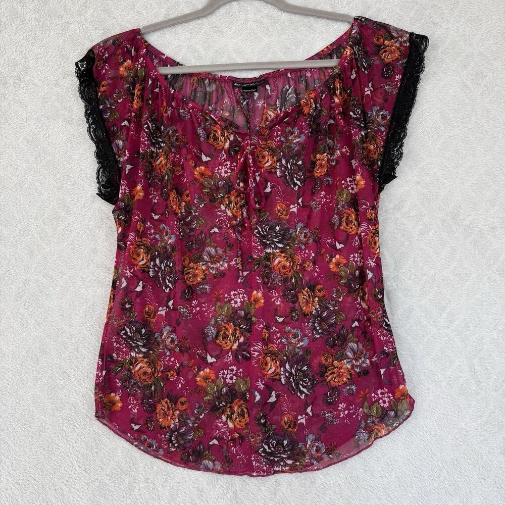 Vtg Self Esteem Mesh Peasant Top Womens Medium Pink Floral Fairy Boho 90s Y2K